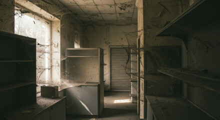 Cobwebs in corners of a shut down retail store