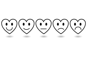 Obraz premium feedback emoji hearts with shadow effects, feedback emoticons collection, very happy, happy, bad and very bad emojis, sad and very sad emojis, emoji icons