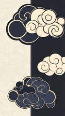 Elegant Asian-Inspired Cloud Design Abstract Swirls in Black and Beige