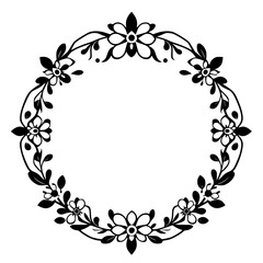 Black and White floral wreath illustration, with round frame design.