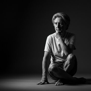 Contemplative Portrait of a Seated Man in Monochrome in a Studio Setting
