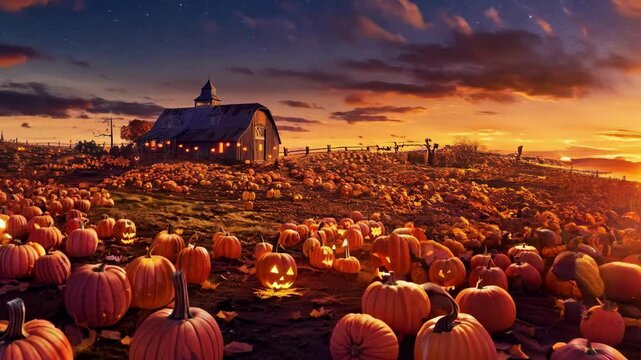Pumpkin field illuminated by numerous jack-o'-lanterns at dusk, with a rustic barn in the background under a starry sky, evoking a festive Halloween atmosphere.