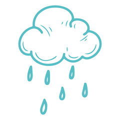 Cloud with raindrops. Hand drawn doodle. Rain. Natural phenomenon. Cloudy rainy weather. Vector line art illustration.