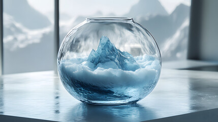 a glass vase with a mountain in it