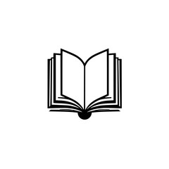 Open book with pages, black ink on white.