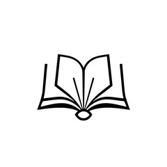Symbolic illustration of an opened book in black lines, with a white background, minimalistic design.