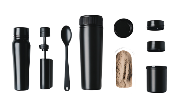 a black bottle and spoon