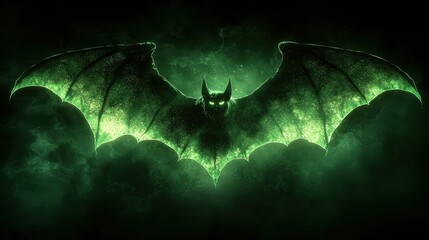 Eerie Green Bat Silhouette with Glowing Eyes and Wings in Mystical Dark Green Haze Bat Image