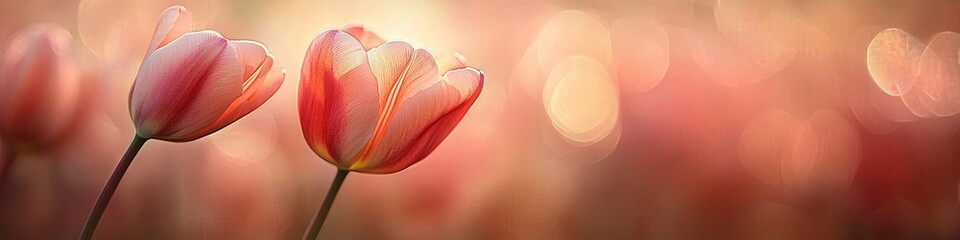 Two Pink Tulip Flowers, Shallow Depth of Field, Warm Sunlight, Creamy Bokeh Background.