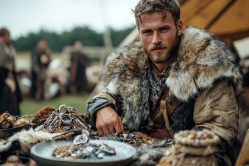 Obraz premium Viking merchant displays handmade jewelry and trinkets at a historical reenactment event in a forest setting