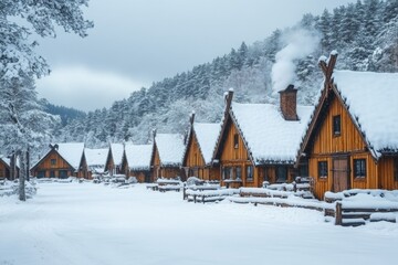 Fototapeta premium Winter landscape of cozy wooden cottages in a snowy forest setting near a mountain range