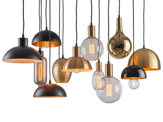 Set of modern luxury hanging pendant lights with golden and metallic finishes, ideal for interior design, home decor, lighting solutions, architectural spaces, and elegant aesthetics