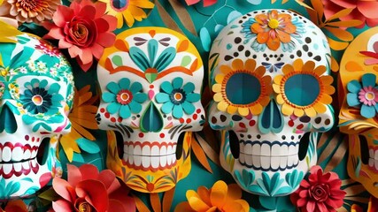 Colorful Dia de los Muertos paper craft skulls adorned with floral patterns and surrounded by vibrant paper flowers Day of the Dead. AI