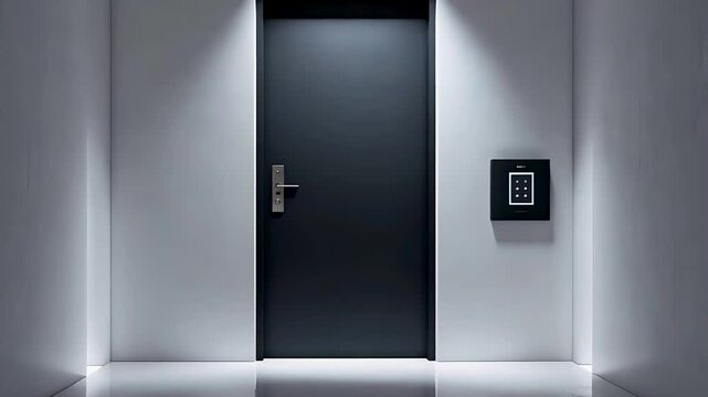 Secure black door with keypad lock in a high-tech modern interior
