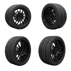 Obraz premium 4 sets of black tires and rims, front view, side view, back view, on a white background.