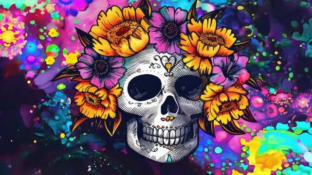 Dia de los Muertos doodle art scene with calaveras, marigold flowers, candles, and traditional offerings on a watercolor galaxy holographic background. Day of the Dead. AI