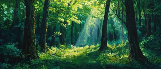 Obraz premium Sunlight filtering through trees in a lush green forest, tranquil nature scene, vibrant foliage, peaceful woodland, serene outdoor setting for relaxation.