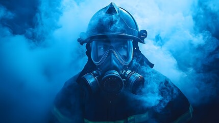 Fearless firefighter wearing a gas mask prepared for intense firefighting situations to safeguard lives and health