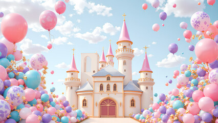 Fantasy birthday celebration with balloons and a cake near a fairy-tale castle in the sky