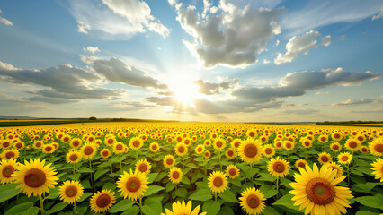 Fototapeta premium A bright sunflower field under a clear blue sky