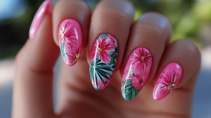 Vibrant Pink Nails with Tropical Flower Design on Blurred Green Background
