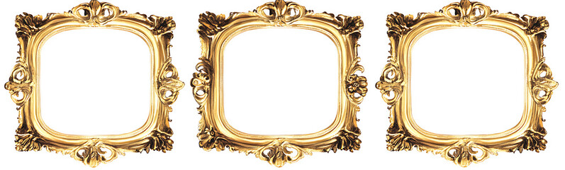 4 vintage golden baroque-style frames with glass on a white background, in a clip art style, isolated