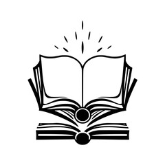 Black and White image of open books, emphasizing knowledge, illustration, and education, showcasing a radiant, stylized composition.