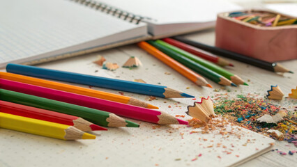 colored pencils on a wooden table, children hand with color pencils, colored pencils isolated in box, close up of colored pencils for children, color pencils on white background, A close-up of a rainb