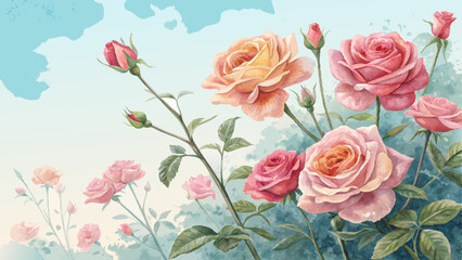 Background of  roses, bright tea shades, pink and peach, swaying in the wind against a soft blue sky with copy space  