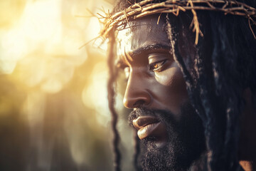  A serene close-up of Black Jesus wearing a crown of thorns, bathed in golden light. His contemplative gaze reflects strength, love, and sacrifice, symbolizing divine grace and redemption.