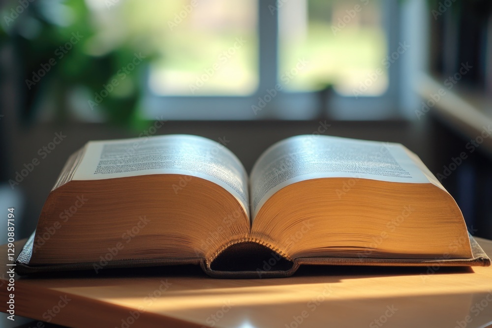 Poster an open book sits on top of a wooden table, perfect for reading and learning
