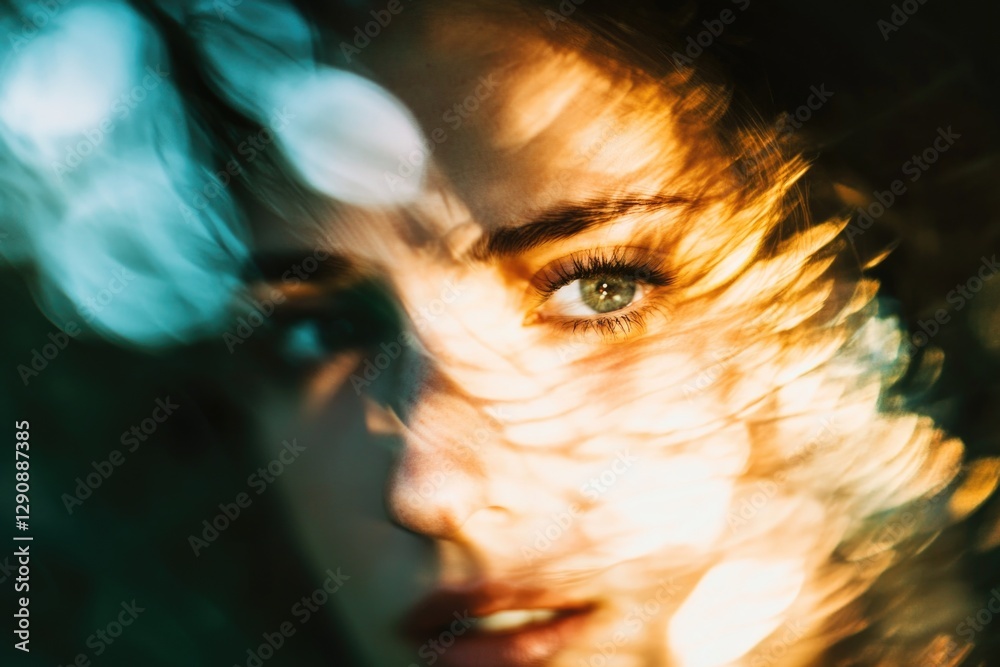 Poster a close-up shot of a woman's face with a blurred background, ideal for use in portraits or as a foca