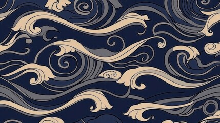 Seamless Japanese Wave Pattern Elegant Blue and Beige Water Design