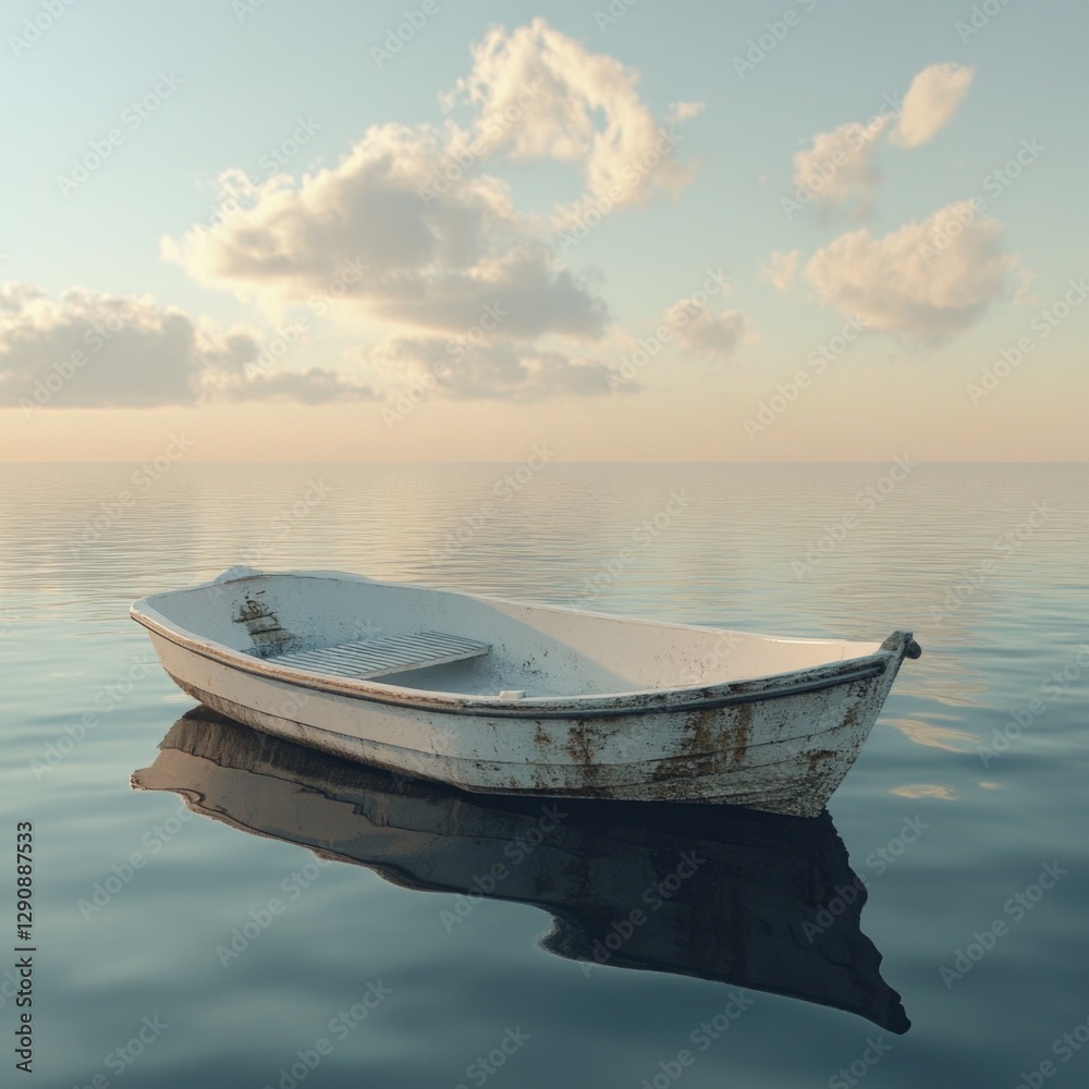 Poster a small white boat floats on the surface of the water, perfect for use in illustrations or graphics 