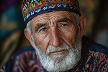 Obraz premium Portrait of a bearded man wearing a vibrant hat, suitable for use in illustrations about individuality or creativity