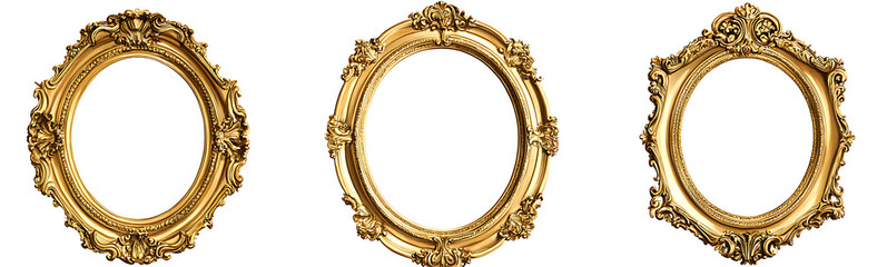 4 vintage golden baroque-style frames with glass on a white background, in a clip art style, isolated