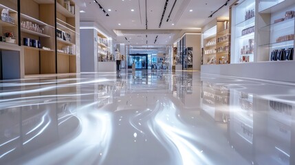 luxurious epoxy flooring with soft metallic tones, seamless glossy surfaces for premium retail interiors