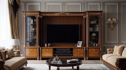 Classic-style media unit with ornate shelving, glass cabinet doors, and traditional decor pieces.