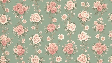 Vintage floral wallpaper with pink and white roses