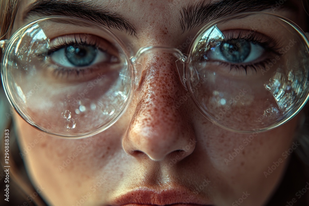 Poster a close-up shot of a person's face wearing glasses, suitable for use in educational or professional 