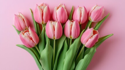 Fototapeta premium A bouquet of pink tulips on a pink background, perfect for Valentine's Day or spring-themed designs