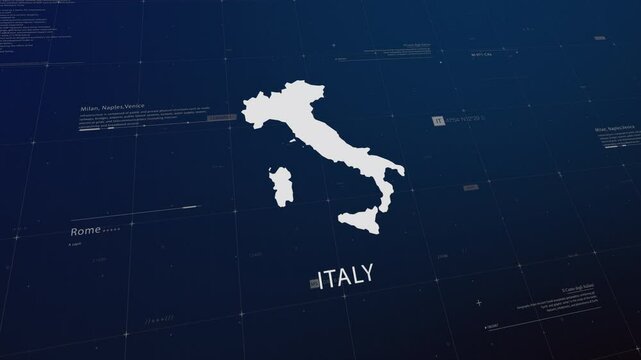 Italy country map comes to life with cinematic panning, unveiling key details, the capital, and slogan, providing an engaging background for corporate and commercial use
