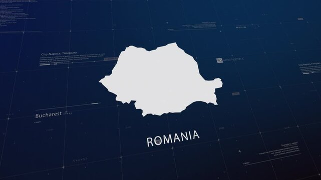 Romania country map comes to life with cinematic panning, unveiling key details, the capital, and slogan, providing an engaging background for corporate and commercial use