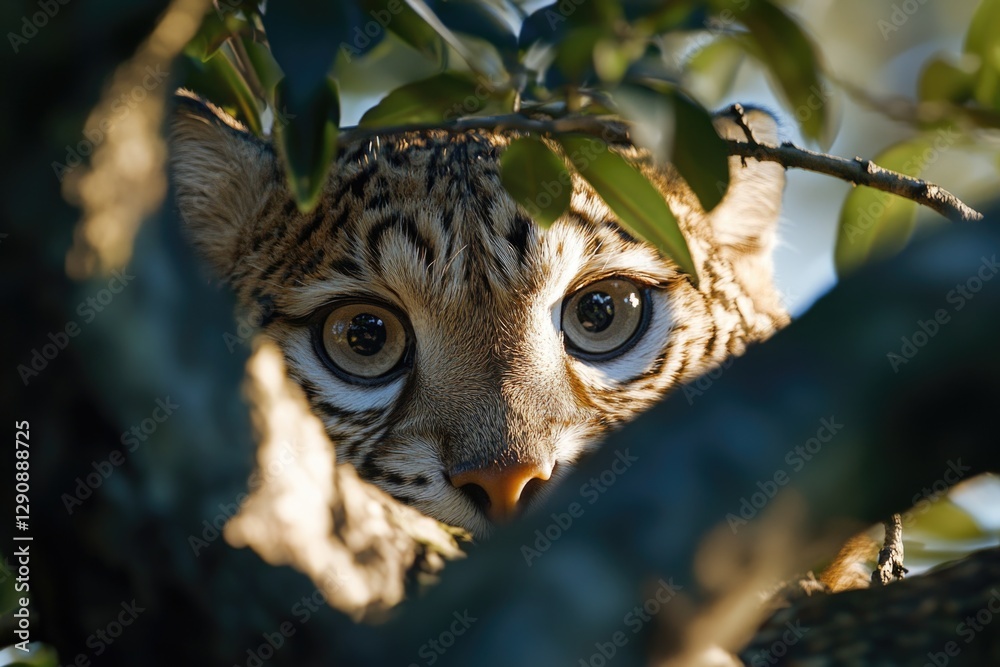 Poster a cat perched high above in a tree branch