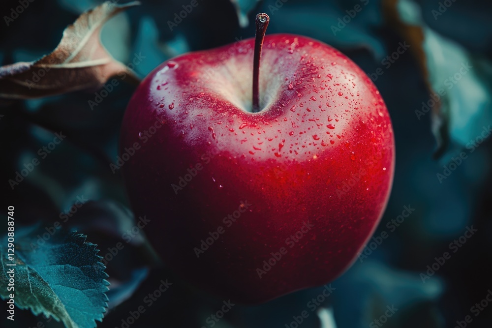 Poster a close-up view of a ripe red apple hanging from a branch