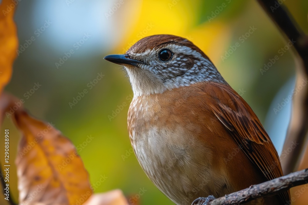 Poster a brown and white bird perched on the edge of a tree branch, looking around