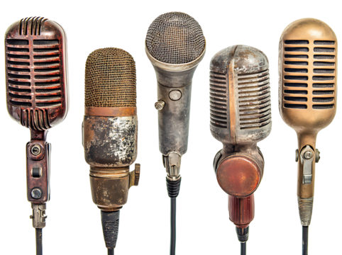 5 vintage microphones of different shapes and styles, against a white background,