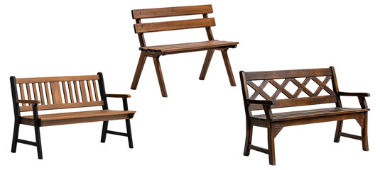  Collection of wooden park benches isolated on png background
