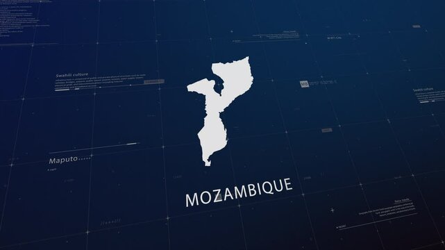Mozambique country map comes to life with cinematic panning, unveiling key details, the capital, and slogan, providing an engaging background for corporate and commercial use