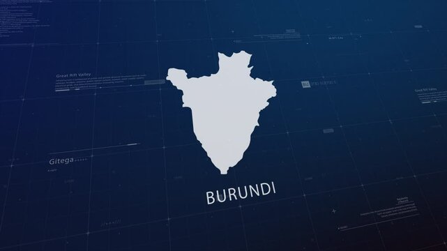 Burundi country map comes to life with cinematic panning, unveiling key details, the capital, and slogan, providing an engaging background for corporate and commercial use
